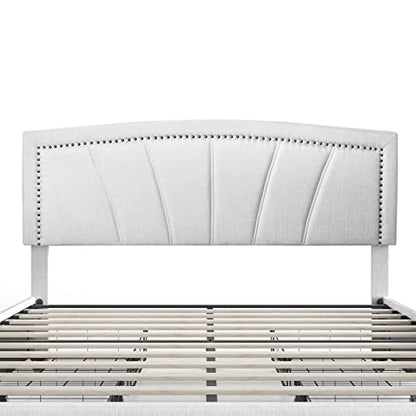 Storage Bed Frame Upholstered Low Profile Traditional Platform with Tufted and Nail Headboard/No Box Spring Needed/4 Pull Out Drawers/Light Grey Linen Fabric (Full Size)