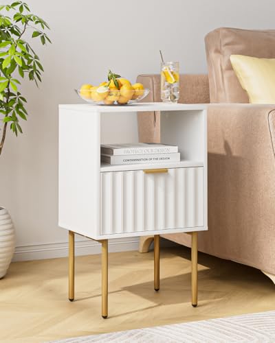 Nightstand,Modern Bedside Table with Gold Frame,White Night Stand,Bedside Furniture, Modern Side Table with Drawer and Shelf for Bedroom,Living Room (White)