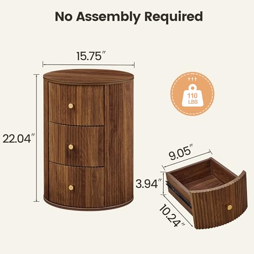 Fully Assembled Round End Table, Fluted Mid Century Side Table with 3 Storage Drawers for Living Room, Bedroom, Couch (Walnut-1 pc)