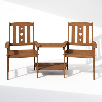 Patio Bistro Set with Integrated Coffee Table and Umbrella Slot Outdoor Dining Furniture for Garden, Porch, and Terrace in Natural Wood-Look Finish