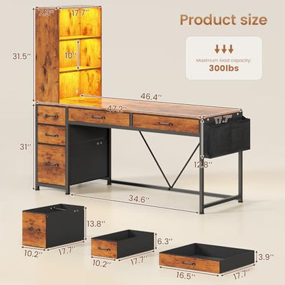 Computer Desk with 5 Drawers and Bookshelf, Reversible Home Office Desk with Storage Shelves and File Drawer, Gaming Corner Desk with LED Lights for Small Spaces, Rustic Brown