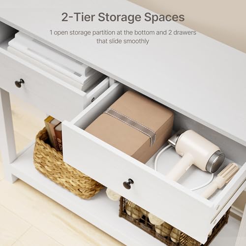 Console Table with Drawers, Sofa Table with Storage Shelves, 2-Tier Wooden Entryway Table for Living Room, Kitchen, Hallway, Foyer, White