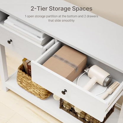 Console Table with Drawers, Sofa Table with Storage Shelves, 2-Tier Wooden Entryway Table for Living Room, Kitchen, Hallway, Foyer, White