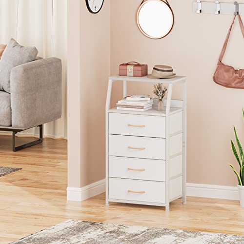 White Dresser with Drawers, Vertical Storage Tower Fabric Dresser for Bedroom, Hallway, Entryway, Nursery, Closet Organizer, Nightstand Bedside Table Furniture, Sturdy Steel Frame, Wood Top