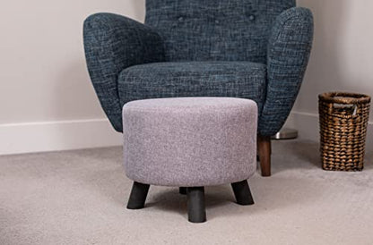 Grey Linen Foot Stool Ottoman – Soft Compact Round Padded Seat – Living Room and Bedroom – Black Wood Legs Upholstered Decorative Furniture Rest – Vanity Seat