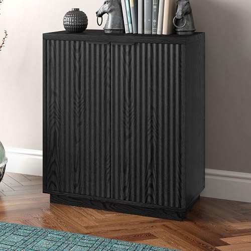 28" Fluted Wooden Accent Cabinet, Ribbed Modern Sideboard Buffet Cabinet with 2 Doors and an Adjustable Shelf for Living Room, Dining Room, Bedroom or Entryway, Natural Black