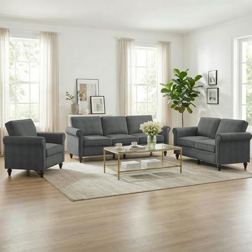 3PCS Sofa Set for Living Room,Modern Linen Couch Set with Nailhead Trim Design, Living Room Furniture Set for Office,Apartment, Home(Sofa & Loveseat & Chair/Dark Grey)