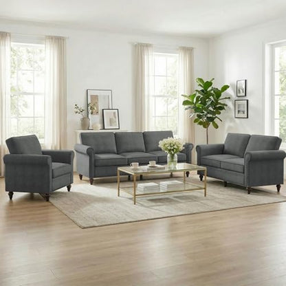 3PCS Sofa Set for Living Room,Modern Linen Couch Set with Nailhead Trim Design, Living Room Furniture Set for Office,Apartment, Home(Sofa & Loveseat & Chair/Dark Grey)