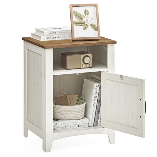 VASAGLE Nightstand Farmhouse Barn Door Bedside Table with Storage | Side End Table, Night Stand, Open Compartment, for Bedroom, Rustic White and Honey Brown, LIRY Collection, LET609K41