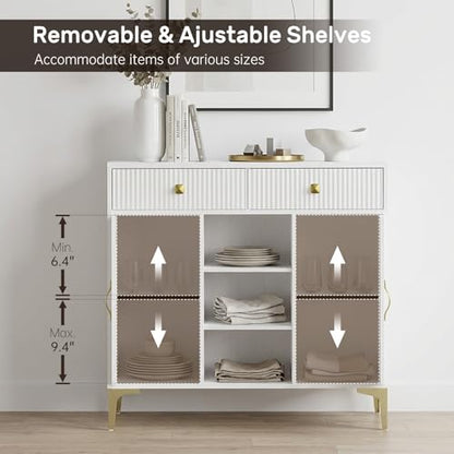 Sideboard Buffet Cabinet with Adjustable Shelves, Modern Storage Cabinet with Drawers and Doors, White Kitchen Buffet for Dining Room, Living Room, Entryway, 39.4 Inch