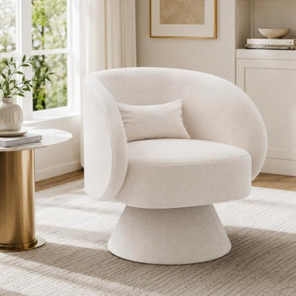 Swivel Barrel Chair 360 Degree Swivel Accent Chair with Armrest, Comfy Small Round Sherpa Swivel Vanity Chairs with Pillow for Living Room, Bedroom,Office (Beige White, Linen)