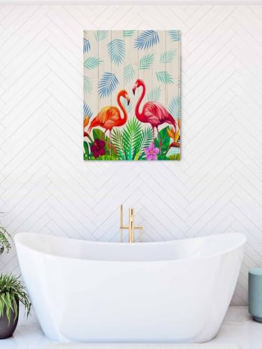 NuYeBiofx Summer Flamingo Flower Leaf Canvas Wall Art Prints,48"x32" Framed Picture Artwork Tropical Leaves Flower Wood Plank Printed Canvas Oil Painting for Living Room Bedroom Office,Ready to Hang