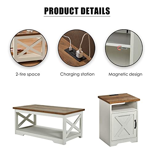 5-Piece Farmhouse Table Set Includes Fireplace TV Stand, Coffee Table& Two End Tables with Charging Station and USB Ports, for Living Room, Distressed White, 63"