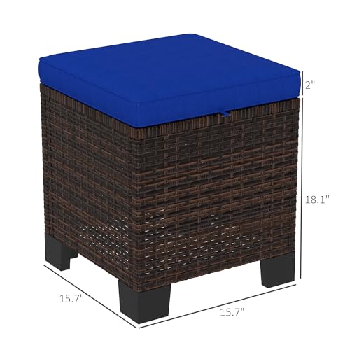 2 Pieces Outdoor Patio Ottomans, All Weather Wicker Footstools with Removable Cushions, 3-in-1 PE Rattan Ottoman Seat, Footrest and Side Table for Backyard, Poolside, Dark Blue