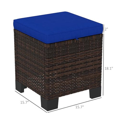 2 Pieces Outdoor Patio Ottomans, All Weather Wicker Footstools with Removable Cushions, 3-in-1 PE Rattan Ottoman Seat, Footrest and Side Table for Backyard, Poolside, Dark Blue