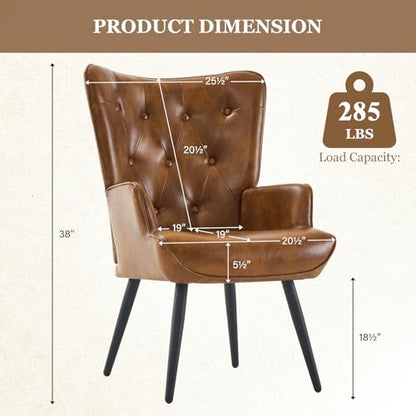Accent Chairs Set of 2, Brown PU Leather Reading Armchair with High Backrest, Wingback Corner Chair Mid Century Modern for Living Room, Bedroom, Waiting Room