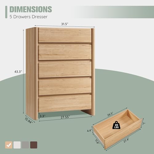 Modern 5 Drawers Dresser for Bedroom, Chests of Drawers-Natural, view 3