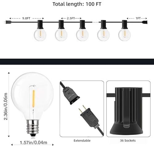 Outdoor String Lights, 100FT G40 Bulbs Shatterproof Patio Lights, view 7