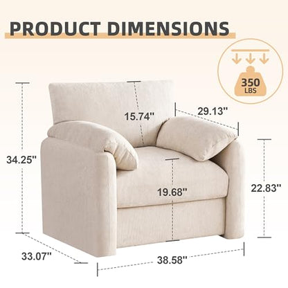 Howjoe Chenille Oversized Armchair, 38.6" Wide Accent Chairs for Living Room & Bedroom Modern Lounge Chair, Upholstered Mid-Century Reading Chair, Comfy Living Room Chair, Single Sofa Chair, Beige