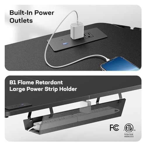 63″ L-Shaped Standing Desk, Built-in Power Outlets, Electric Height Adjustable Corner Computer Desk, Large Power Strip Holder, Sit Stand Up Desk with 3 Preset Heights, Black