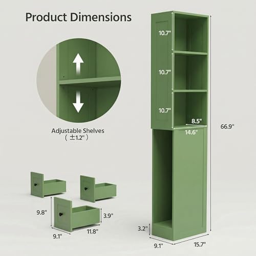 Tall Narrow Storage Cabinet, Anti-Tipping Floor Cabinet with 2 Adjustable Shelves & 3-Level Drawers for Small Space, Home, Bathroom, Kitchen, Laundry (White) (Green)