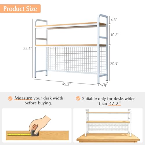 IOTXY 2-Tier Desktop Hutch Bookshelf, Metal Desk Shelf, White, 45.3" W, view 3