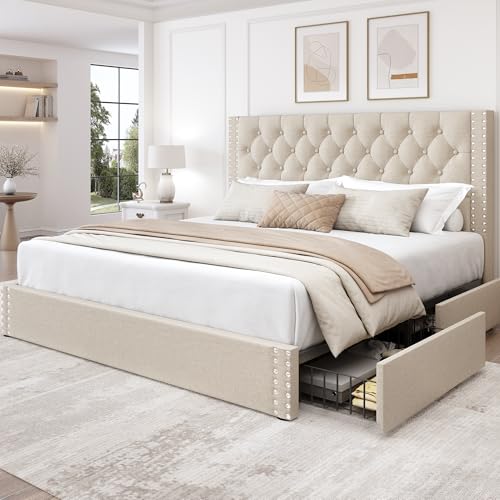 King Size Bed Frame with 4 Storage Drawers and Tufted Headboard Linen, view 2