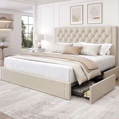 King Size Bed Frame with 4 Storage Drawers and Tufted Headboard Linen, view 2