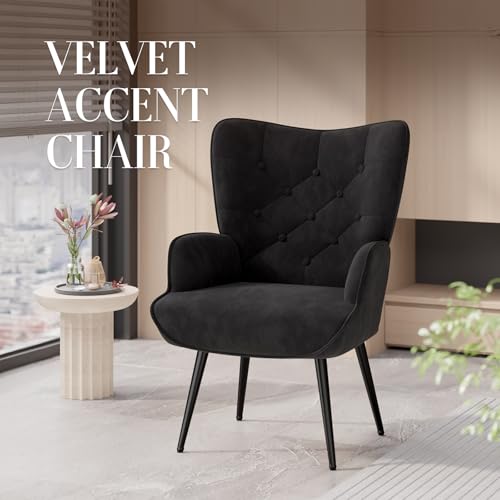 Mid Century Modern Accent Chair, Velvet Upholstered Armchair with Metal Legs, Tufted Button Wingback Side Chair, High Back Reading Chair for Living Room Bedroom, Black