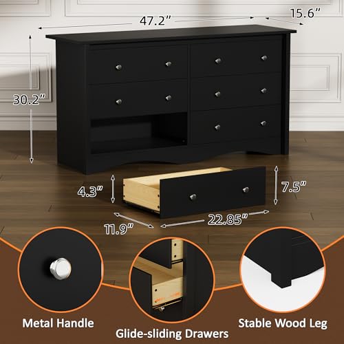 Dresser for Bedroom, 6 Drawer Wood Dresser, Black, view 3