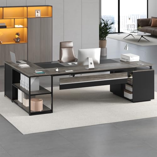 78" Executive Desk with Lockable File Cabinet, L Shaped Office Desk with Power Outlets, Large Executive Desk with Drawers and Storage Shelves, Reversible Computer Desk with Privacy Screen, Grey
