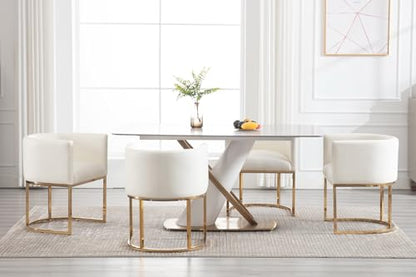 Faux Leather Dining Chairs Set of 2 Modern Barrel Arm Chairs with Golden Metal Frame, Upholstered Kitchen Chairs 18.5" Wide Accent Chairs for Living Room Dining Room Restaurant, White