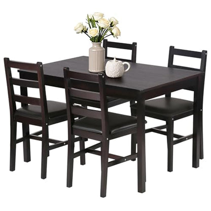 | 5-Piece Solid Wood Dining Table Set for 4 | Brown | Space-Saving Design | Smooth Easy-to-Clean Surface | Pine Kitchen Table with Upholstered Chairs | for Dining Room, Apartment, Restaurant