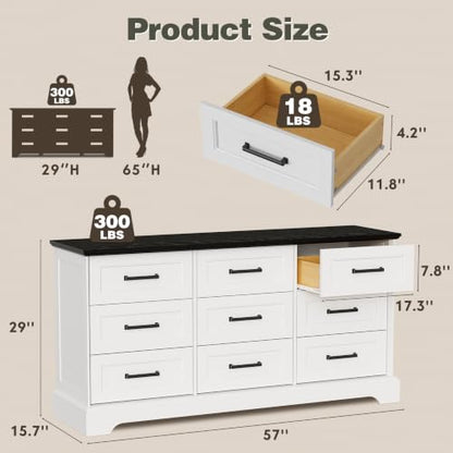 White Dresser for Bedroom, 57" 9 Drawers Dresser, view 4