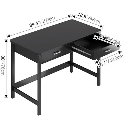 39.4" Small Desk with Wood Drawers, Home Office Computer Desk with Wooden Legs, view 3
