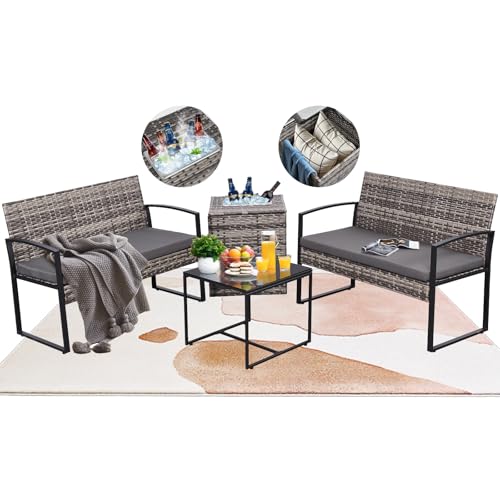 4 Piece Patio Furniture Set w/Built-in Cooler Storage Box, Grey/Grey | All-Weather Hand-Woven Rattan | Tempered Glass Table | Beverage Cooler | Comfy Loveseat | Indoor & Outdoor Use