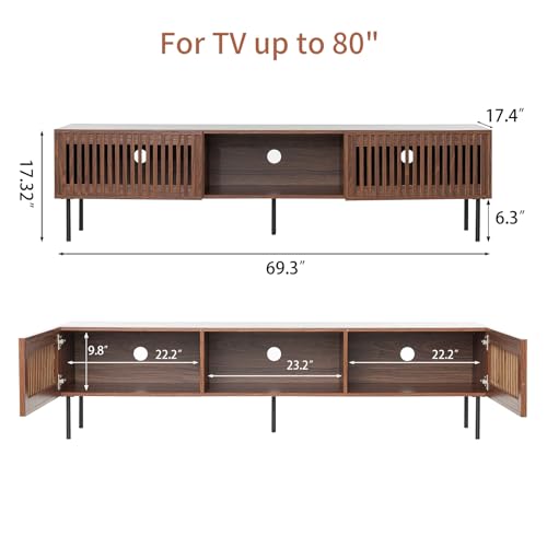 70 Inch Mid-Century Modern TV Stand for 55 to 80 Inch TVs, Slat Door