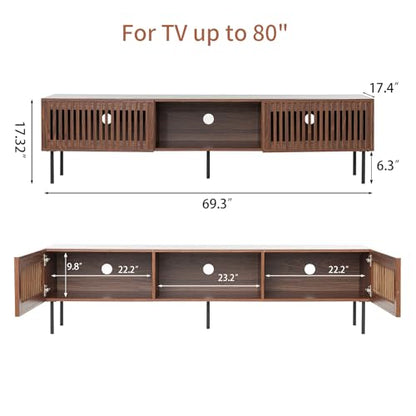 70 Inch Mid-Century Modern TV Stand for 55 to 80 Inch TVs, Slat Door