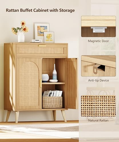 Rattan Sideboard Buffet Cabinet with Storage, Boho Sideboard with Drawer & Adjustable Shelf, Kitchen Floor Cabinet with 2 Doors & Solid Wood Feet, Coffee Bar for Entryway, Living Room, Natural Oak