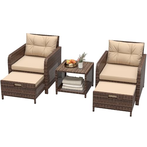 Balcony Furniture Set 5 Piece Patio Conversation Set, PE Wicker Outside Furniture with Soft Cushions & Coffee Table, Outdoor Lounge Chairs with Ottoman for Porch, Lawn, Balcony, Coffee-Beige