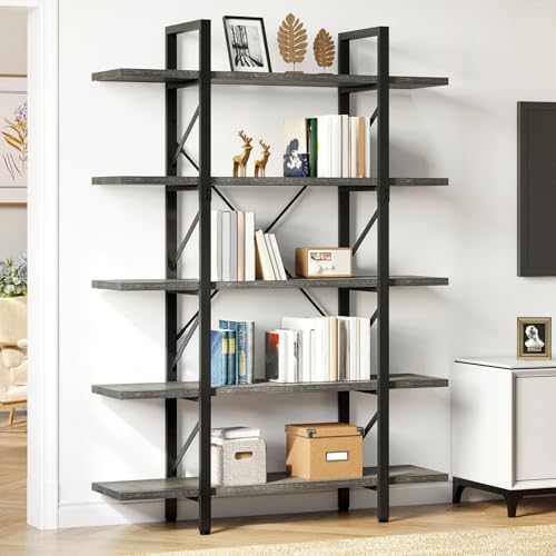 5-Tier Bookshelf, 70.9" Tall Bookshelves Vintage BookCases with 5 Shelves Display Storage Shelves for Home Office, Living Room, Charcoal Gray