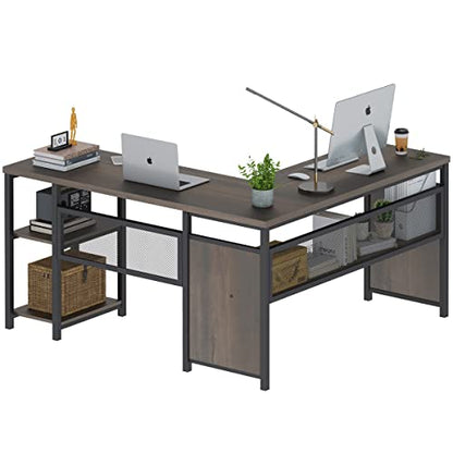 L Shaped Desk, Industrial Reversible Home Office Computer Desk with Wood Shelves, view 2