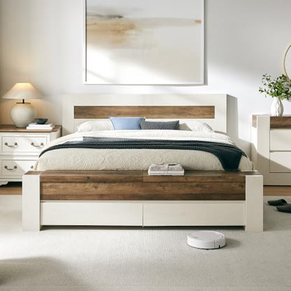 King Bed Frame with Headboard and Footboard Storage Bench,Antique White, view 4