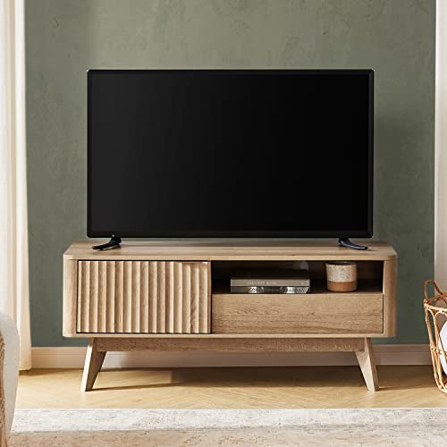 Brooklyn Mid-Century Modern TV Stand, for TVs up to 50” / 59" Waveform Panel, Sleek Curved Profile with Adjustable Shelf and Sturdy Box Frame Leg (Golden Oak, 47")