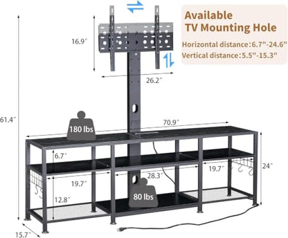 71" TV Stand with Mount and Power Outlets, Entertainment Center with Open Storage Shelves, Height Adjustable Mount up to 80”, Wooden Table and Metal Frame for Living Room, Matte Black