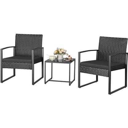 3 Piece Wicker Conversation Bistro Sets Outdoor Patio Set Modern Rattan Chair Furniture Sets with Coffee Table for Yard Garden Porch Lawn (Black)