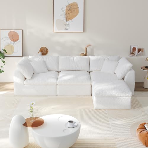 108" Boneless Cloud Couch Modular Sectional Sofa with Deep Seat for Living Room, L Shape Couch with Ottoman, Snowflake Fabric and 40D Memory Sponge，2 Throw Pillows (White, 3 Seater+1 Ottoman)
