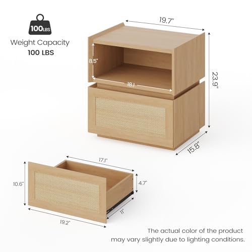 Rattan Nightstand with Wicker Decorated Drawer, Natural Rattan Night Stand with Open Compartment, Modular Stackable Side Table, Boho Bedside Table, End Side Table for Bedroom