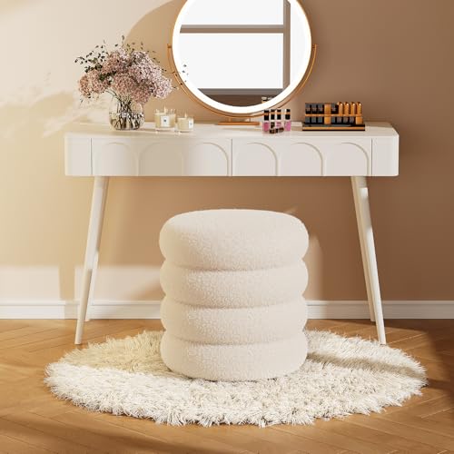 Soft Teddy Round Ottoman with Tray, 17.5 Inches Ottoman Coffee Table with Storage for Living Room, Vanity Stool with Storage Bedroom, Load up to 300 lb, No Assembly Required (White)