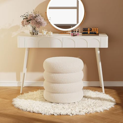 Soft Teddy Round Ottoman with Tray, 17.5 Inches Ottoman Coffee Table with Storage for Living Room, Vanity Stool with Storage Bedroom, Load up to 300 lb, No Assembly Required (White)